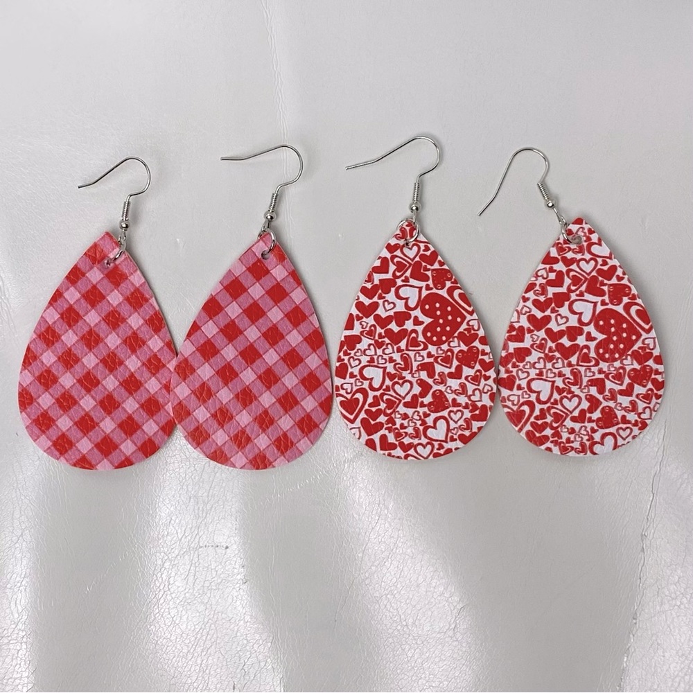 *2 Pairs* EARRINGS Red Pink White Patterned Faux Leather Teardrop Dangle